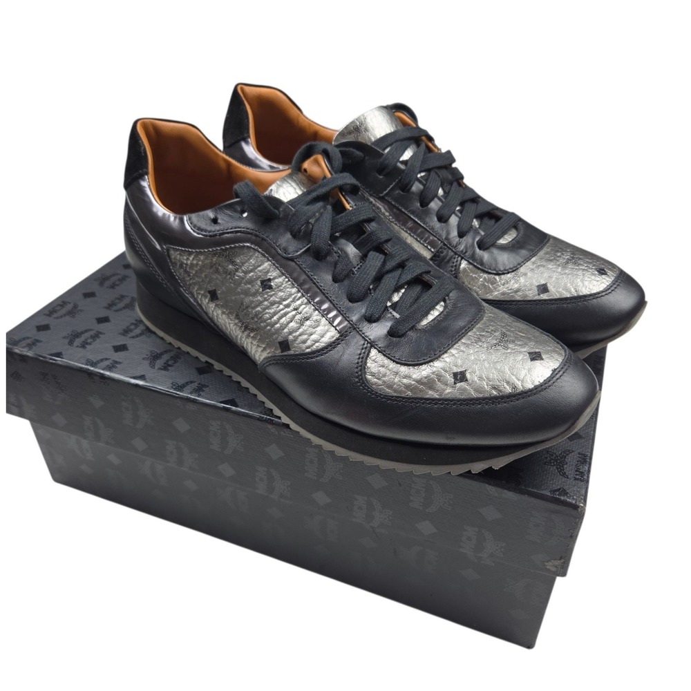 MCM Jogger Visetos Shoes IT 44 / US 11 Silver Black Leather Monogram Sneakers
